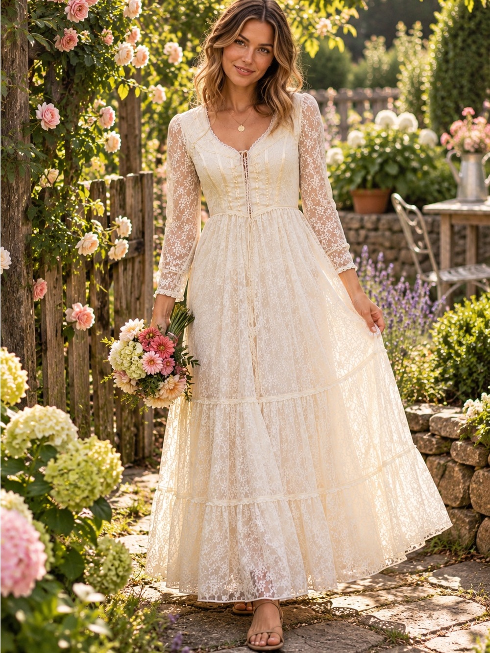 Gunne Sax Romantic Cream Lace Long Dress, S. - Picture 2 of 16